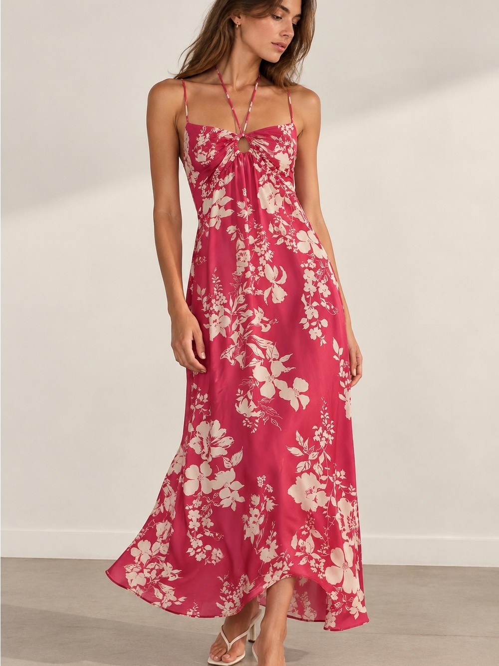 Reformation Pink Floral Ring-Front Spaghetti Strap Midi Dress